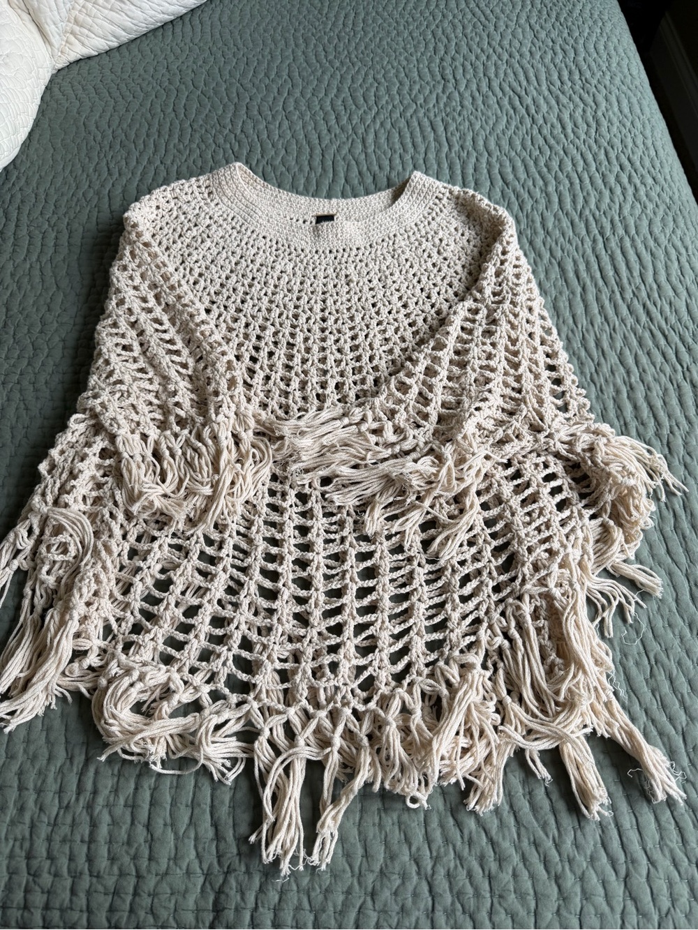 Chico's Black Label Cream Open-Knit Fringe Poncho Sweater with sleeves